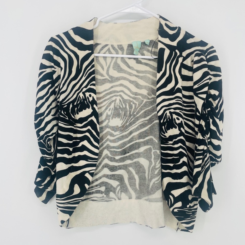 Shu Shu Zebra Print Open Front Cardigan Sweater Size S Ruched Sleeve Y2K‎ Animal